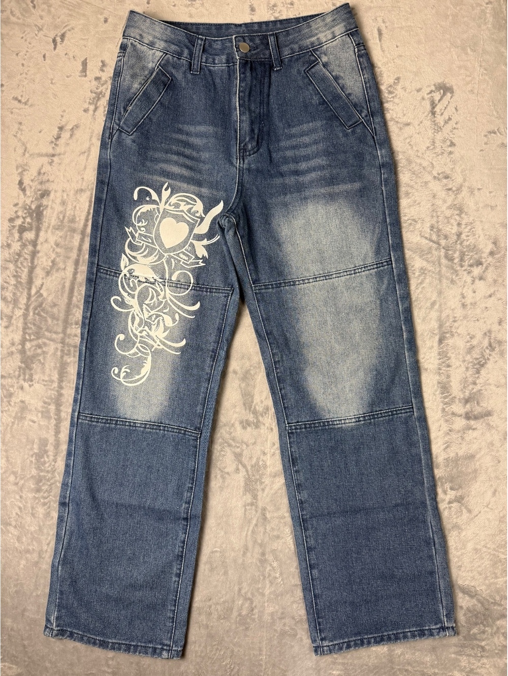 Blue Denim Jeans with White Graphic Design and Wide Leg
